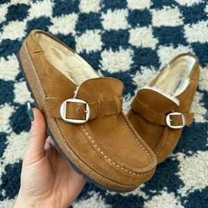 Birkenstock Brown Suede Shearling-Lined Clogs with Buckle